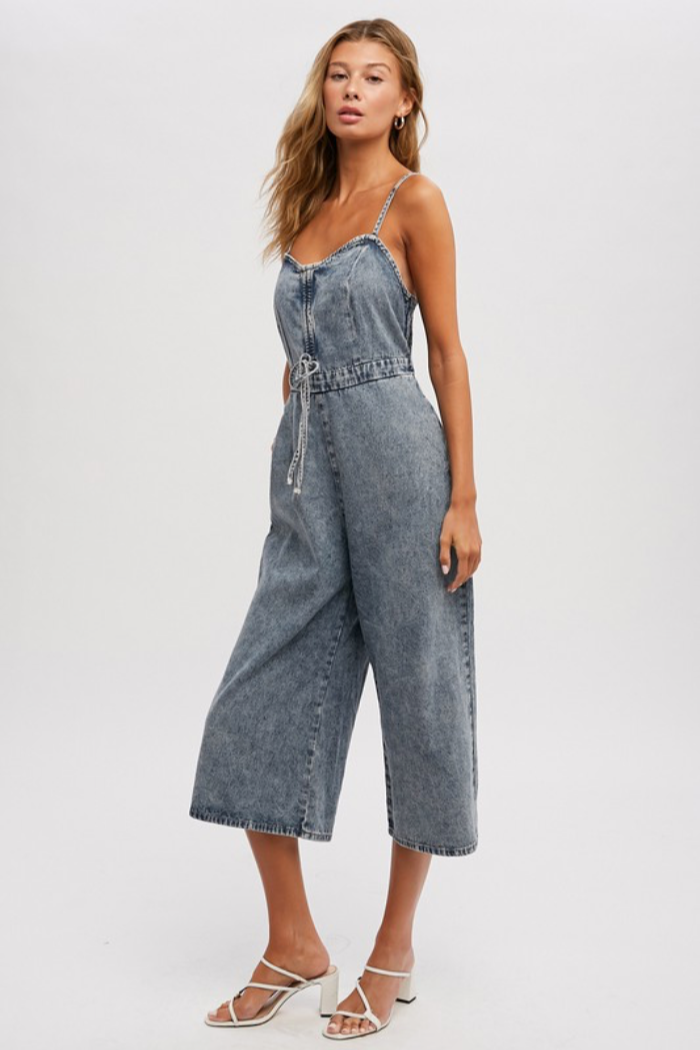 Acid Wash Denim Wide-Leg Jumpsuit