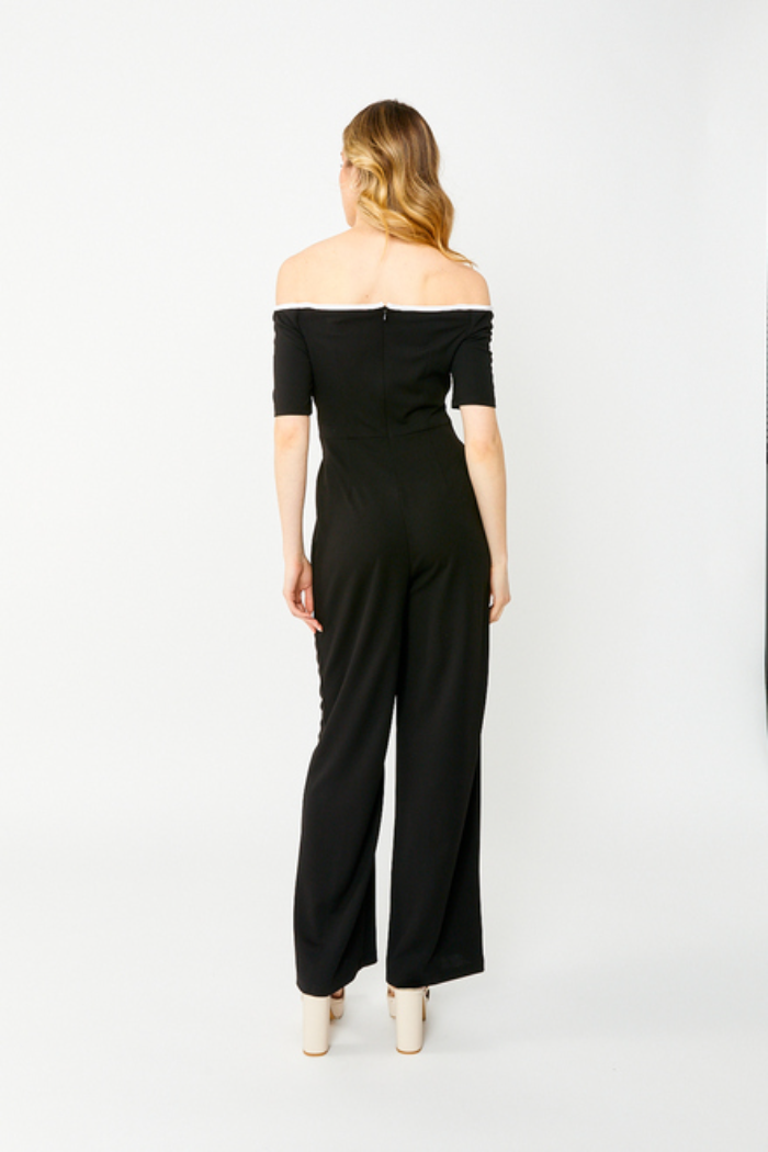 Black White Trim Wide-Leg Jumpsuit Frank Lyman