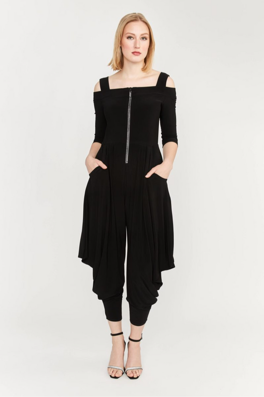 Black Cold Shoulder Knit Jumpsuit with Zip Front Frank Lyman