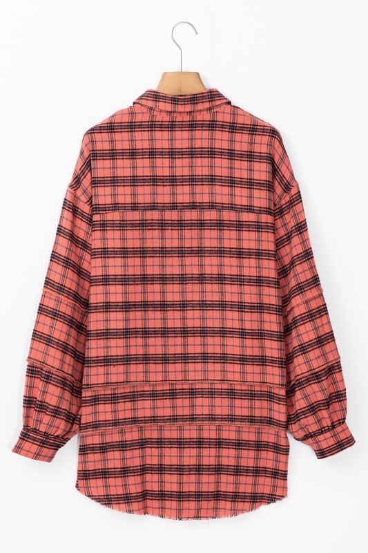 Plaid Button-Up Distressed Hem Long Sleeve Shirt