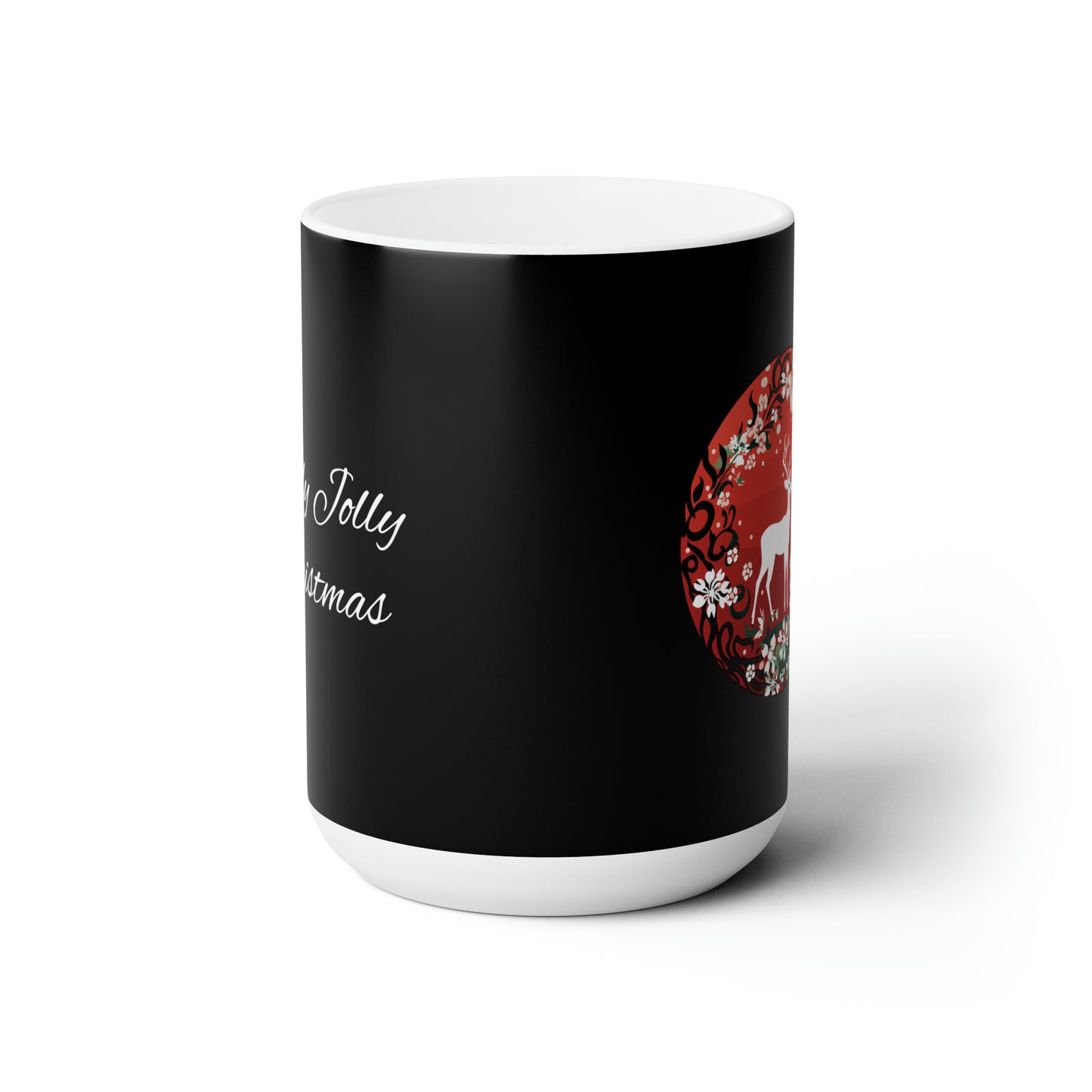 Holly Jolly reindeer in flourish mood, black Christmas Ceramic Mug 15oz