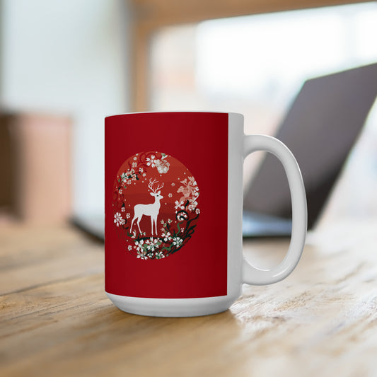 Holly Jolly reindeer in flourish mood, dark red Christmas Ceramic Mug 15oz