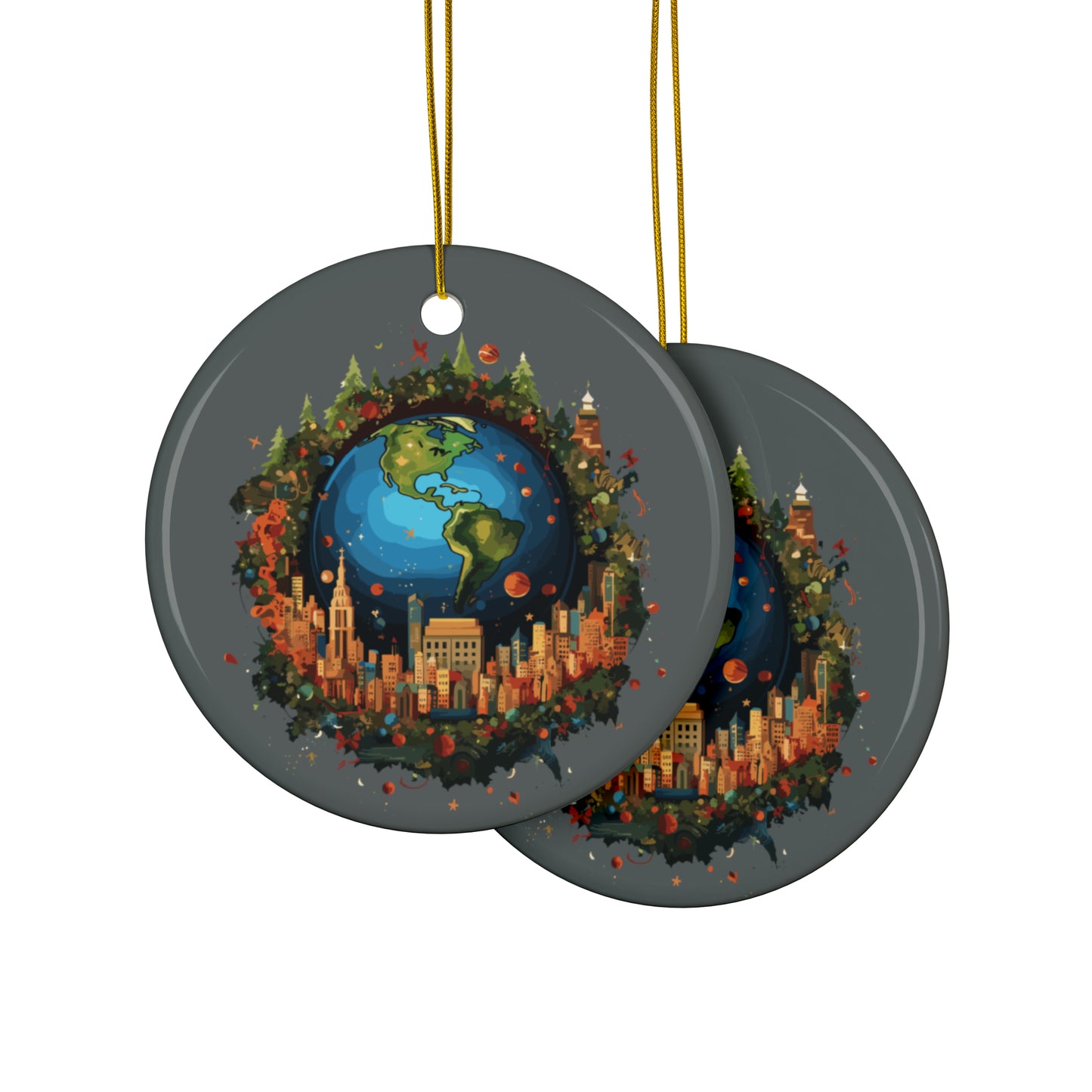 Earth in Christmas decorations and a big Christmas tree, dark grey Ceramic Ornaments (1pc, 3pcs, 5pcs, 10pcs)