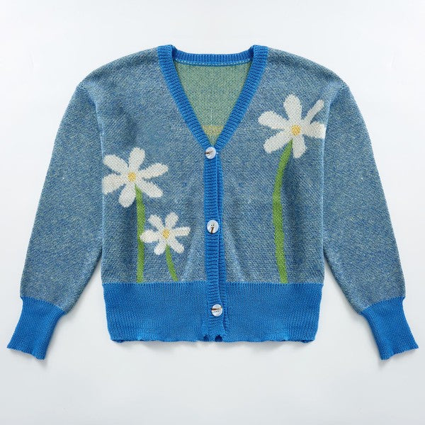Flower Intarsia Retro Fit Button Front Cardigan