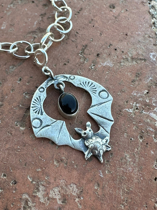 Onyx Silver Bat Charm Sterling Silver & Onyx Bat Charm Nizhoni Traders LLC