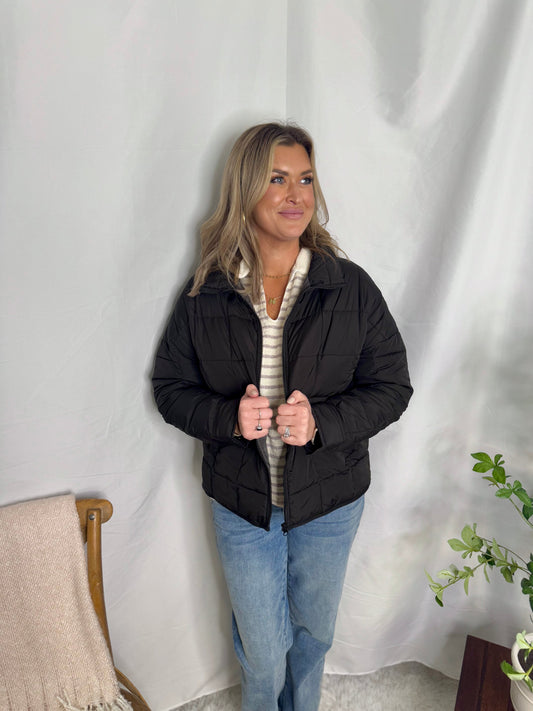 Solid Puffer Padded Warm Jacket High Neck Zip Up Side Pockets