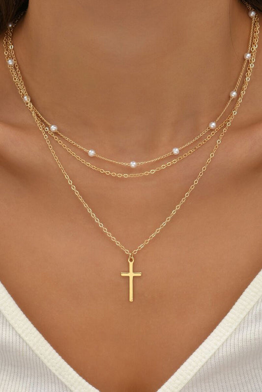 Gold Plated Pearl Decor Cross Pendant Triple Layer Chain Necklace