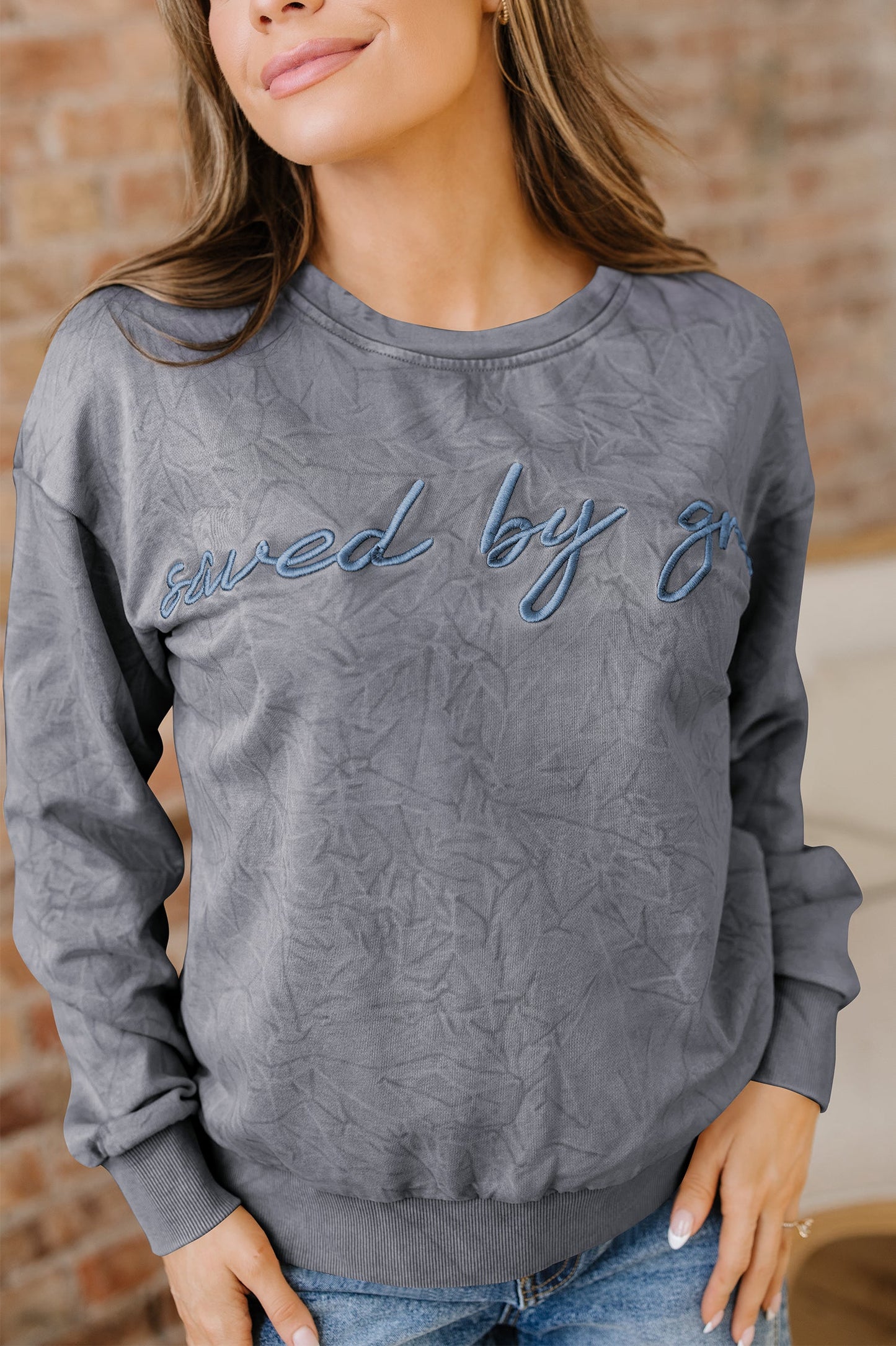 High-rise Mineral Wash Loose Sweatshirt Letter Embroidery