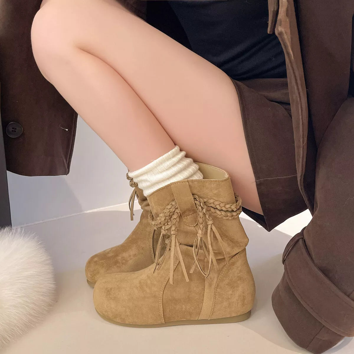 Suede Fringe Round Toe Boots Block Heel