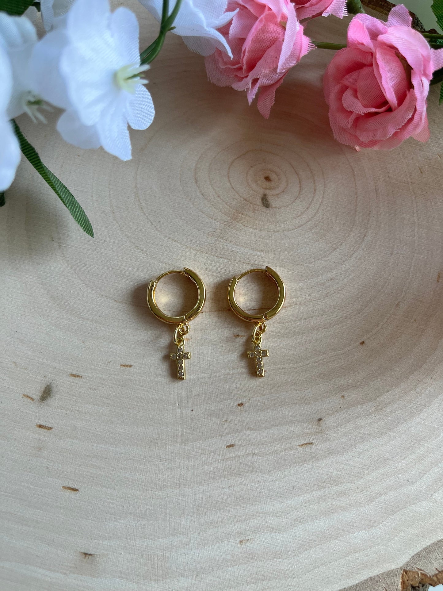 Gold Cross 18K Huggie Earrings Christian Jewelry