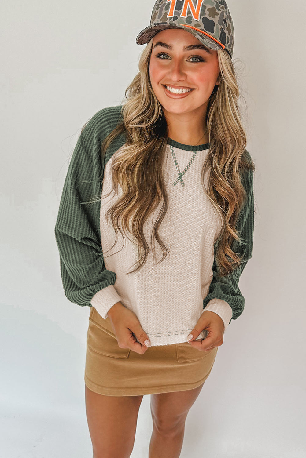 Waffle Color Block Raglan Sleeve Top Casual Wear