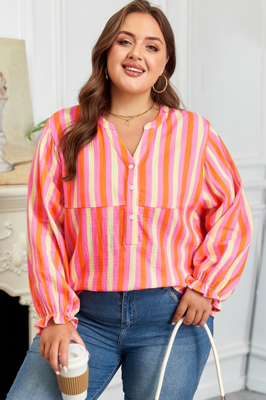 Plus Size Crinkled Half-Button Blouse Stripe
