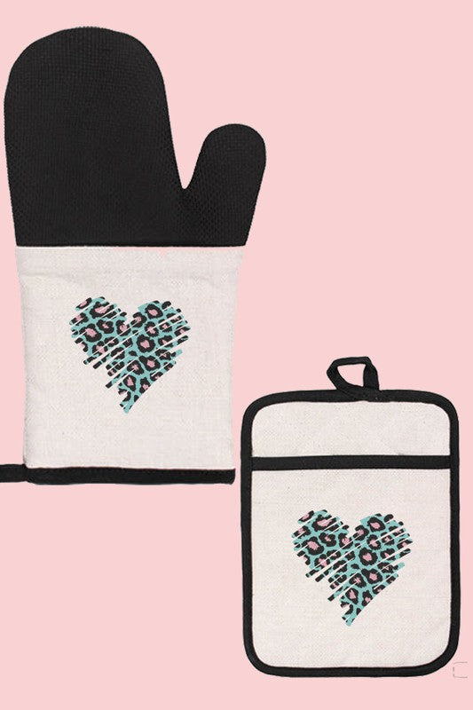 Valentine's Day Teal Pink Leopard Heart Glove Mitt