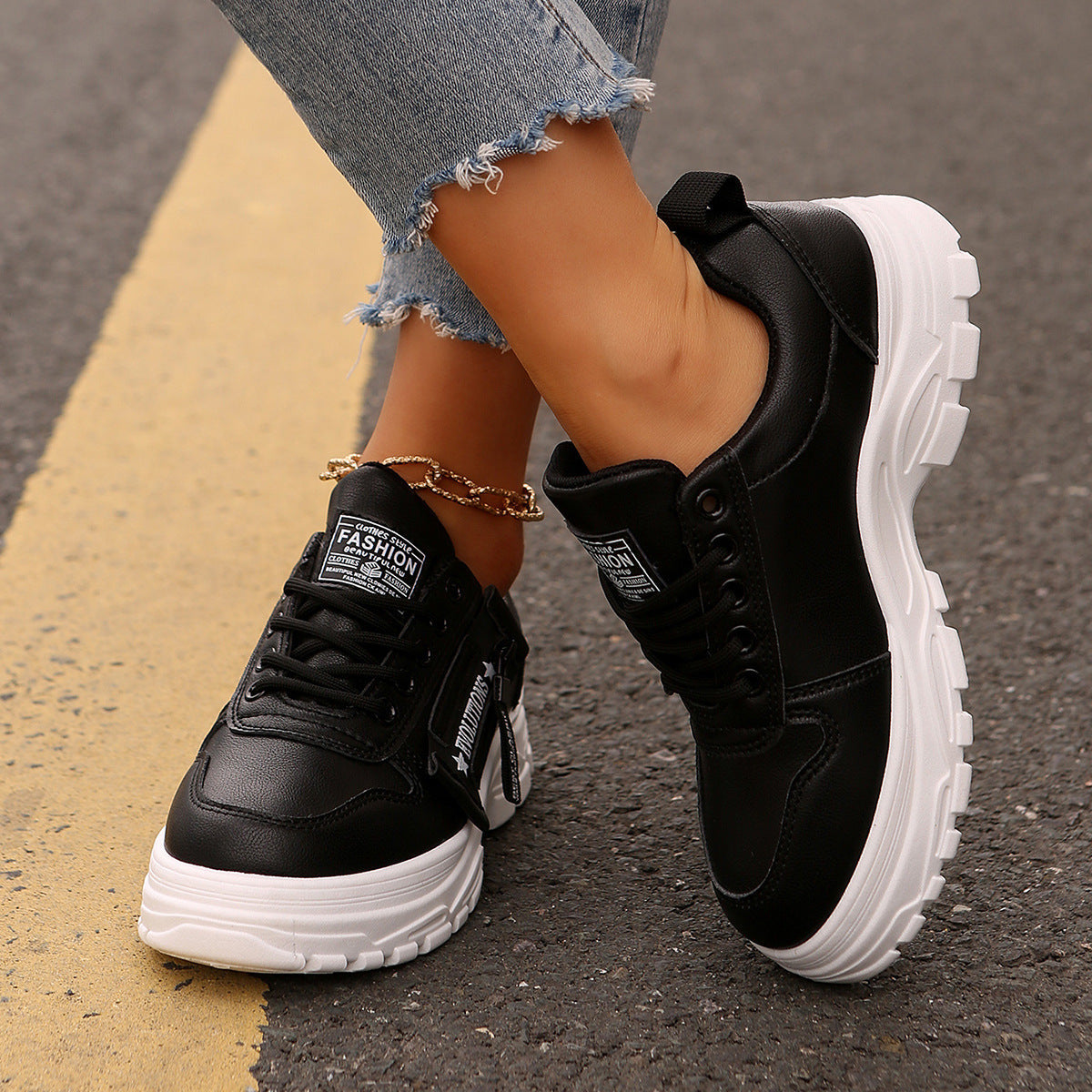 Women’s Lace-Up Side-Zipper Sports Sneakers with Thick Sole