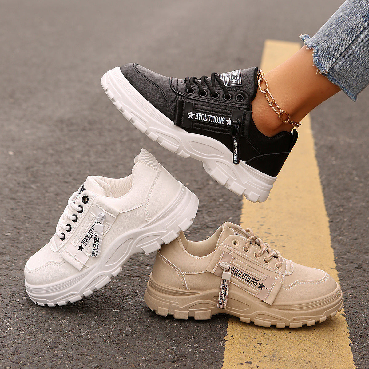 Women’s Lace-Up Side-Zipper Sports Sneakers with Thick Sole