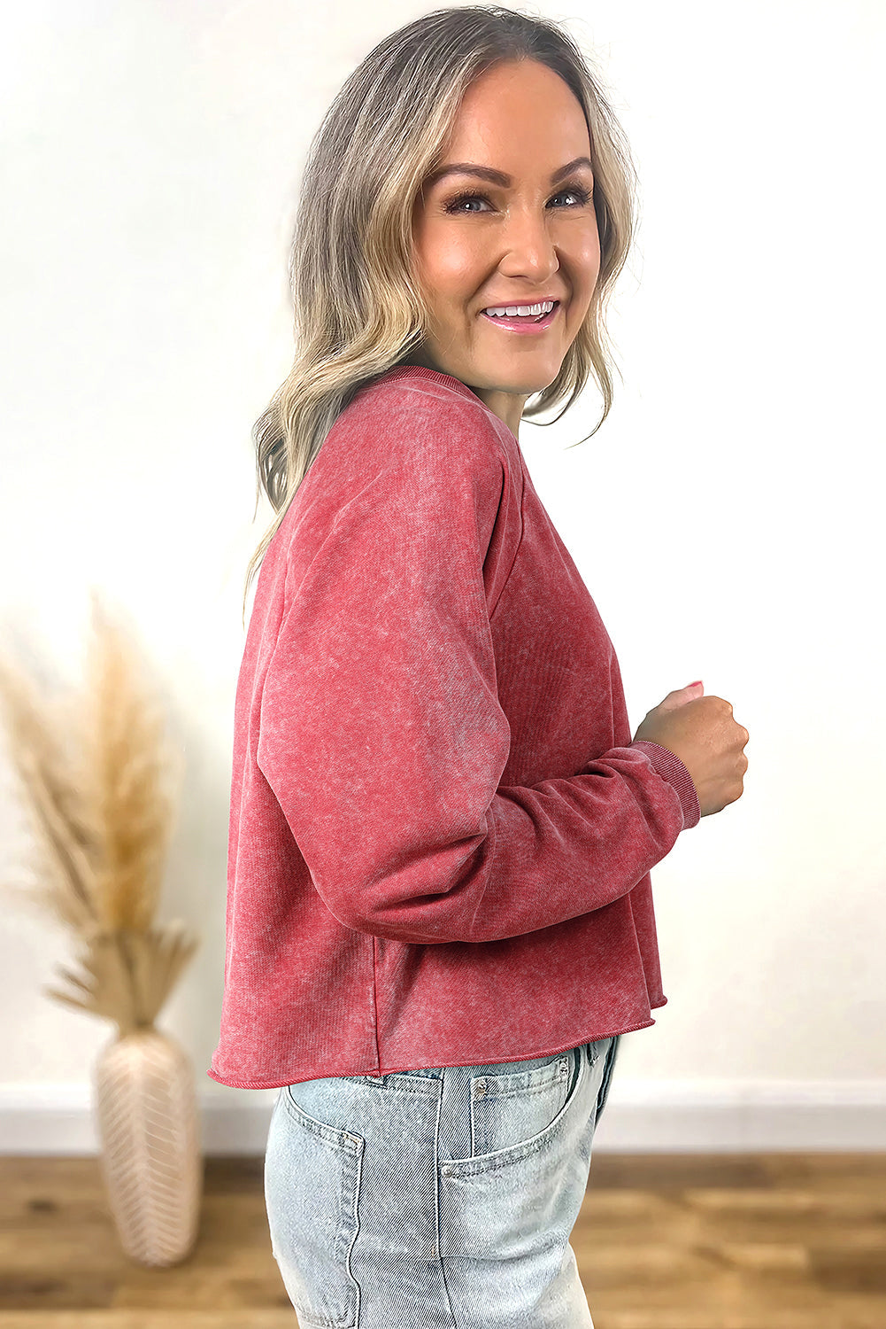 Racing Red Mineral Wash Raglan Sleeve Crop Sweatshirt