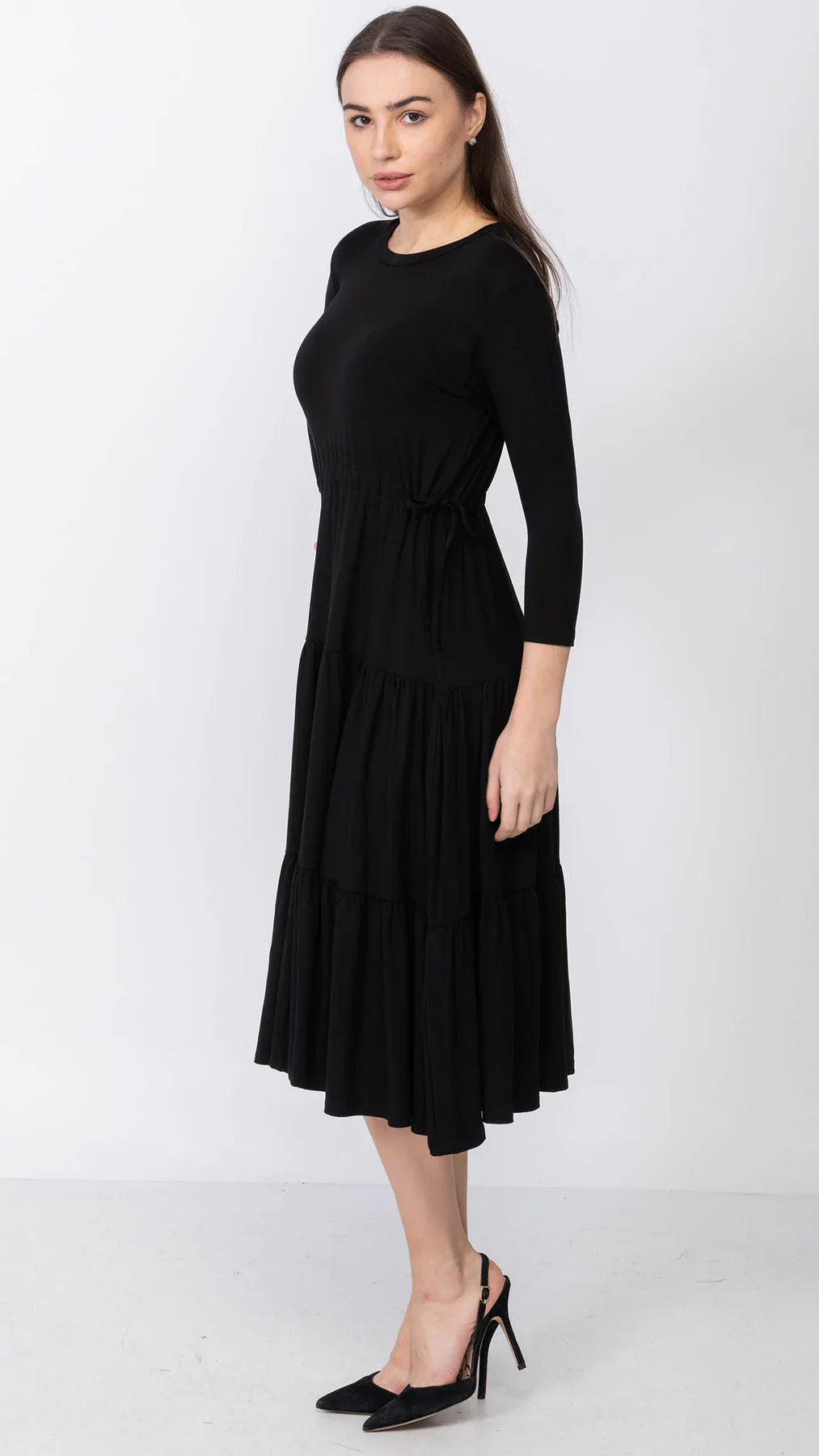Tiered Drawstring Adjustable Dress Black Bamboo Rayon Spandex