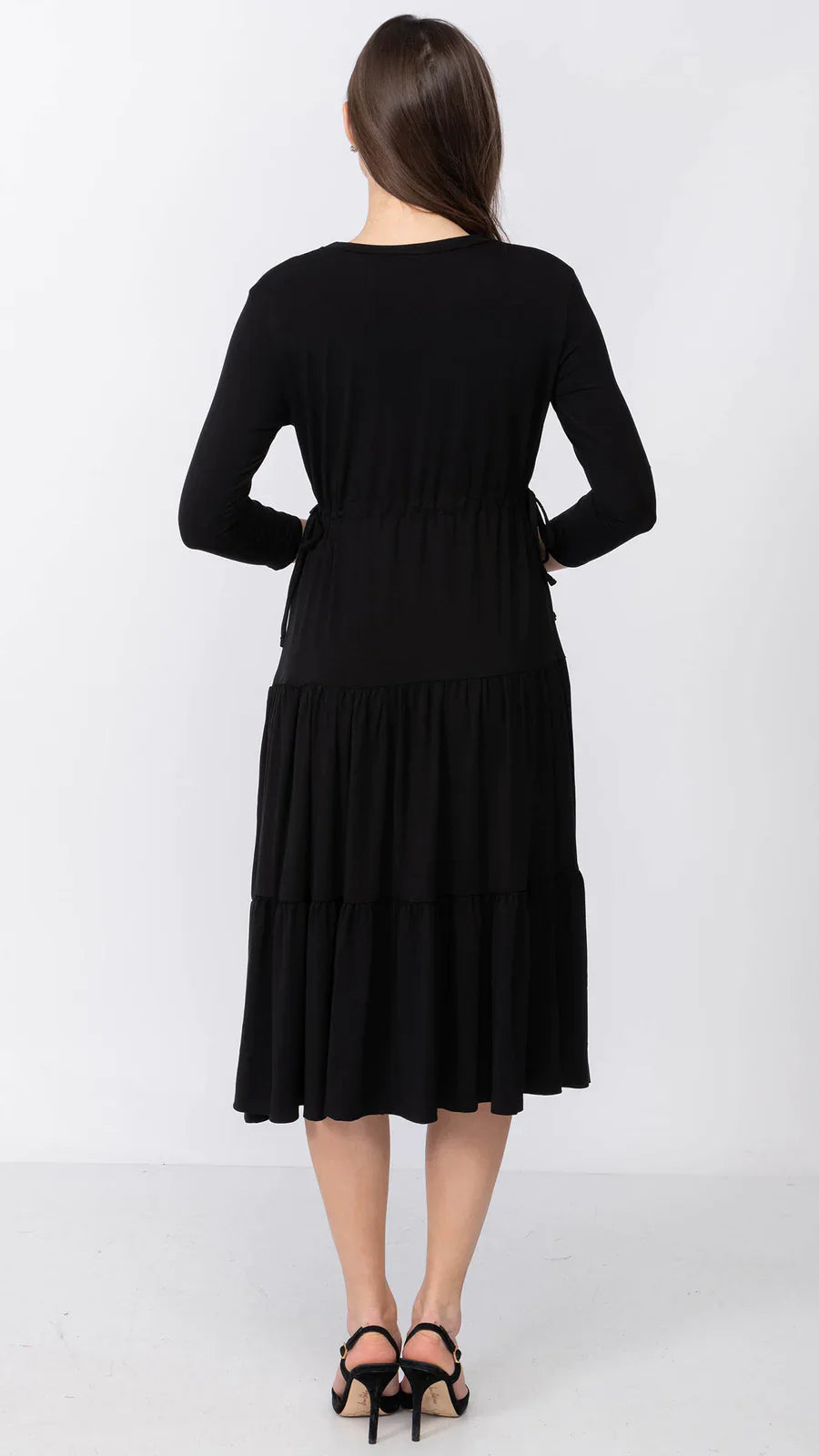 Tiered Drawstring Adjustable Dress Black Bamboo Rayon Spandex