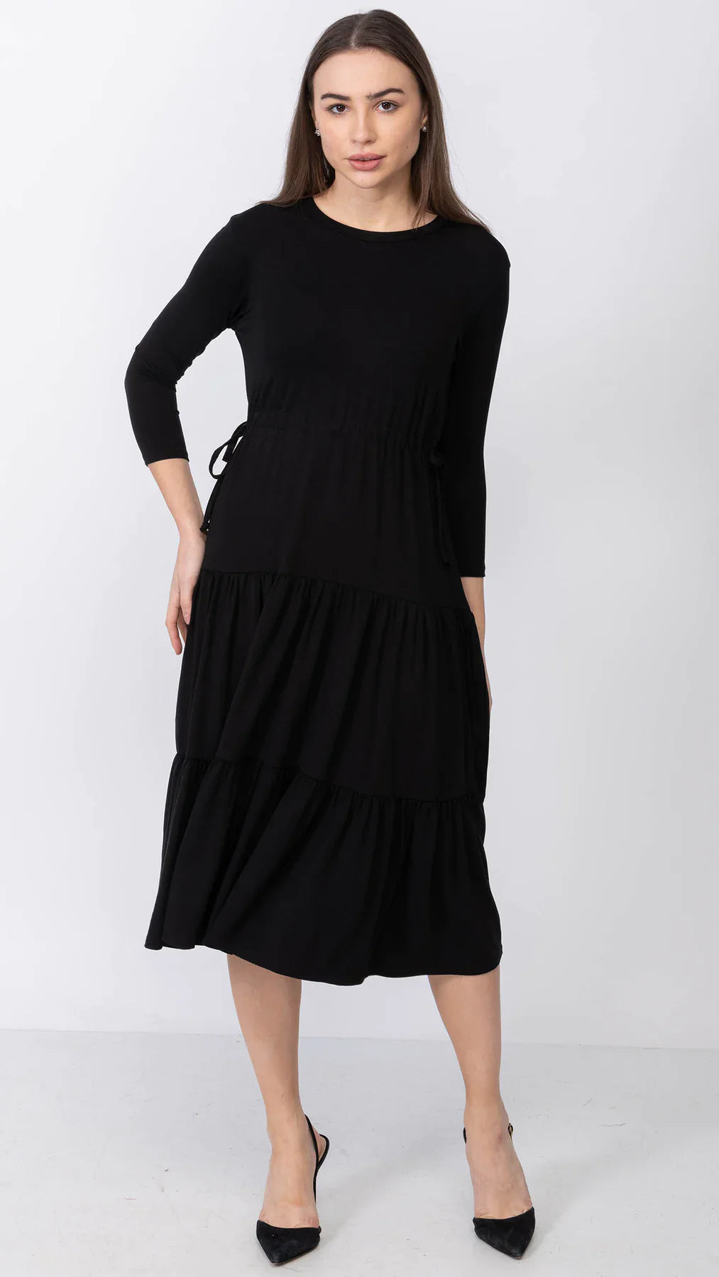 Tiered Drawstring Adjustable Dress Black Bamboo Rayon Spandex