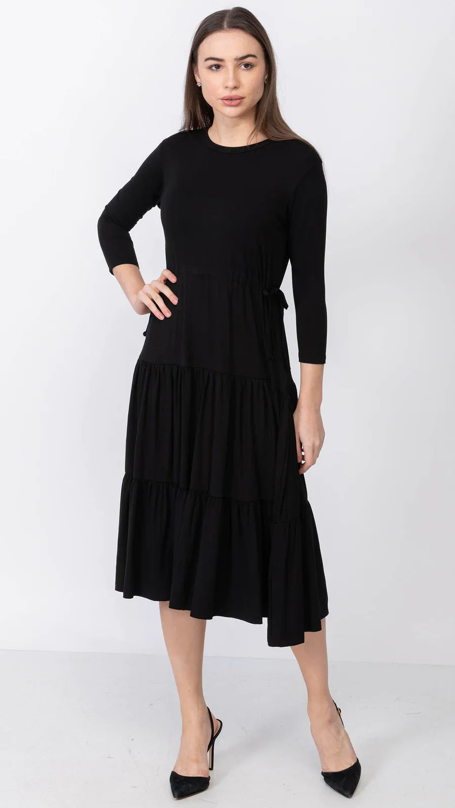 Tiered Drawstring Adjustable Dress Black Bamboo Rayon Spandex