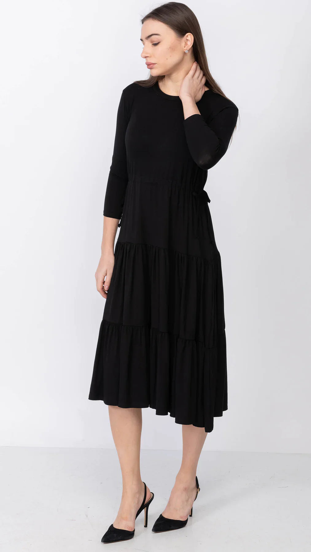 Tiered Drawstring Adjustable Dress Black Bamboo Rayon Spandex