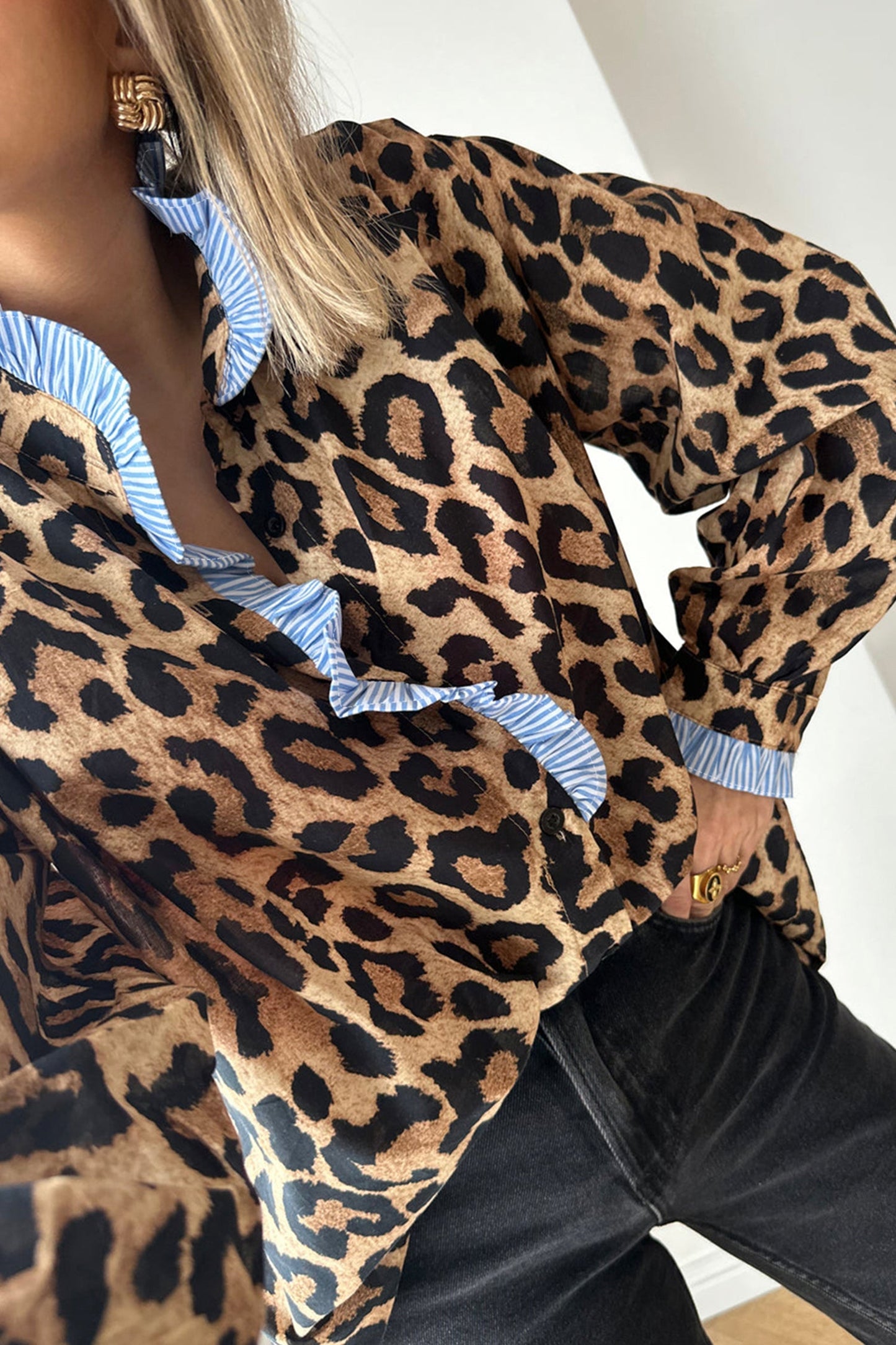 Brown Wild Leopard Print Contrast Striped Frilled Trim Shirt