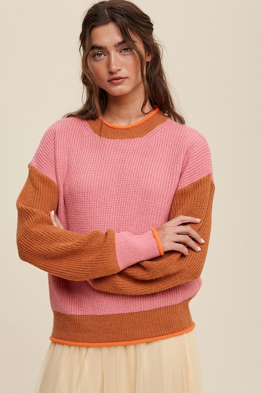 Color Block Ribbed Knit Sweater Long Sleeve Sweater