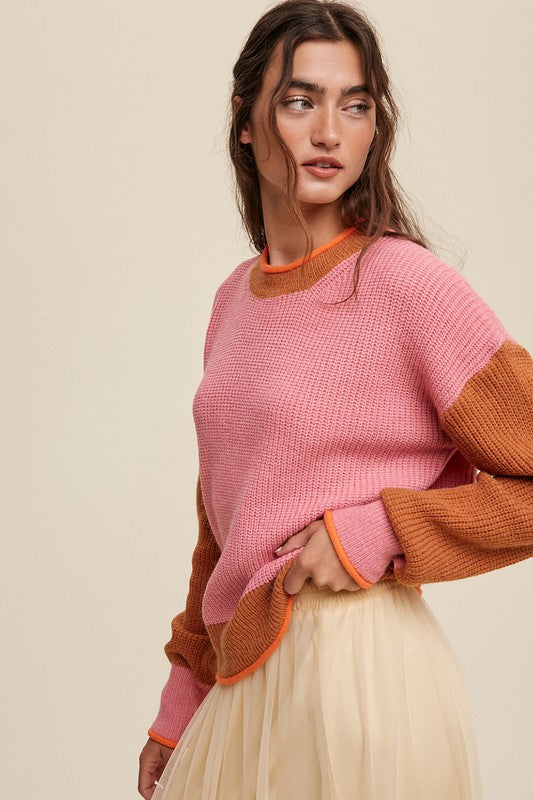 Color Block Ribbed Knit Sweater Long Sleeve Sweater