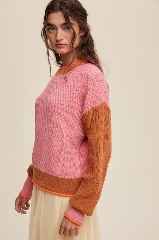 Color Block Ribbed Knit Sweater Long Sleeve Sweater