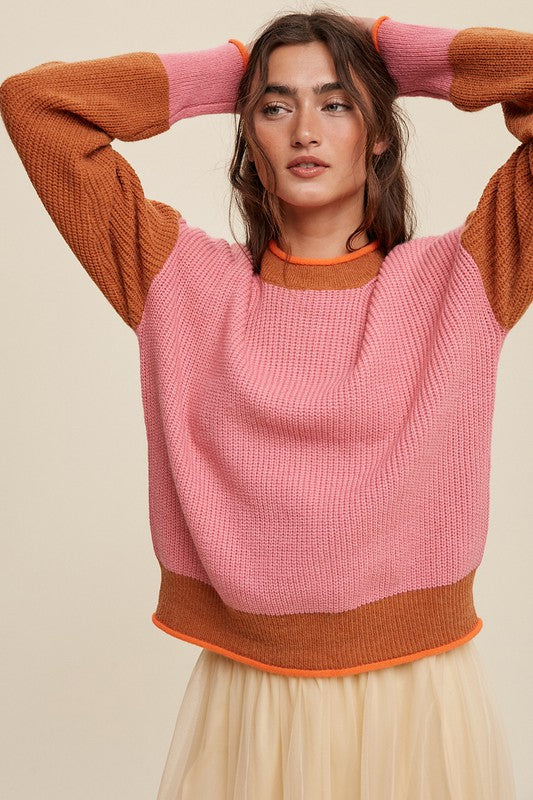 Color Block Ribbed Knit Sweater Long Sleeve Sweater