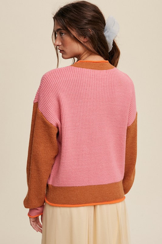 Color Block Ribbed Knit Sweater Long Sleeve Sweater