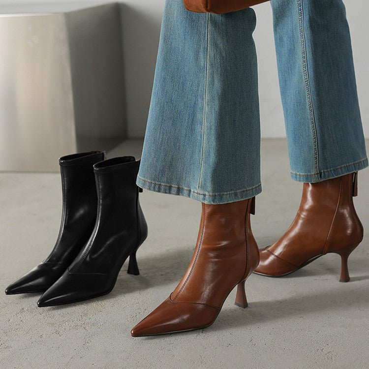 Cowhide Pointed Toe Stiletto Ankle Boots Women’s Back Zipper High Heel Booties