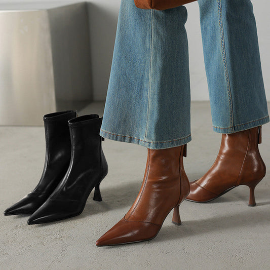 Cowhide Pointed Toe Stiletto Ankle Boots Women’s Back Zipper High Heel Booties