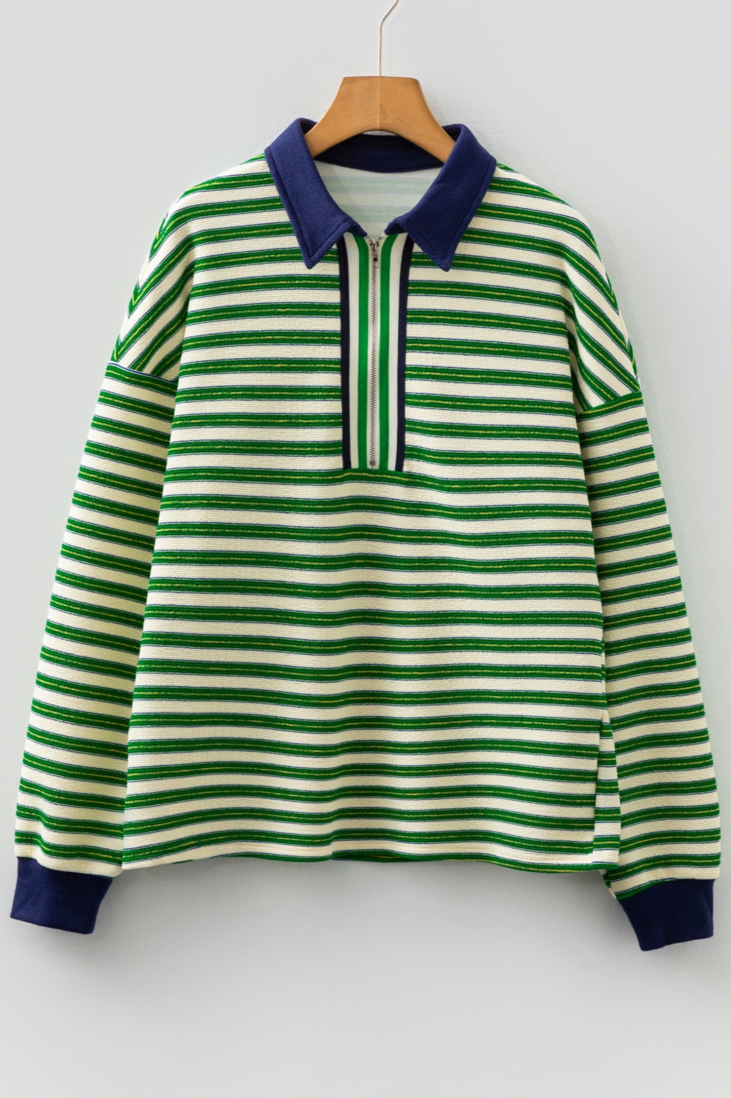 Dark Green Striped Long Sleeve Top Zip V Neck Contrast Collar
