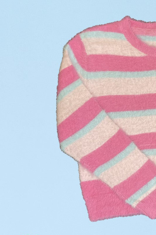 Fuzzy striped knit sweater round neckline