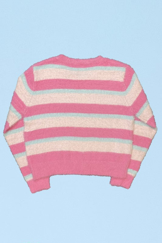 Fuzzy striped knit sweater round neckline