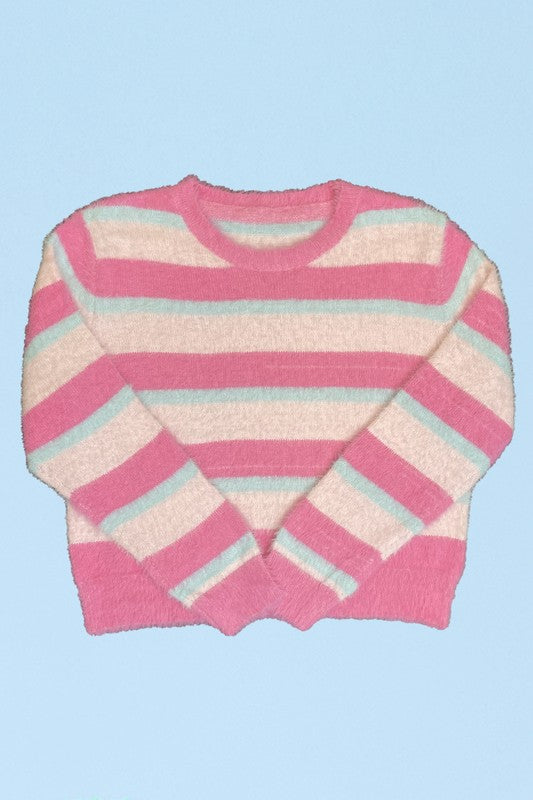 Fuzzy striped knit sweater round neckline