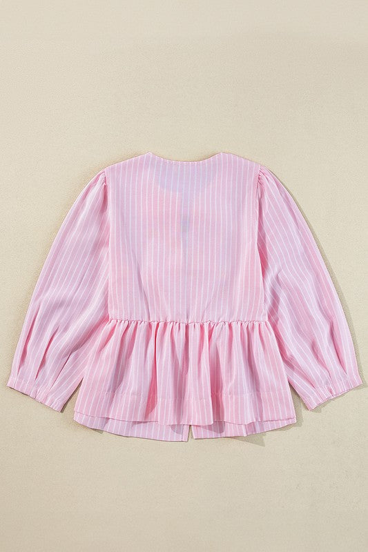 Stripe Bowknot Front Crew Neck Puff Sleeve Blouse