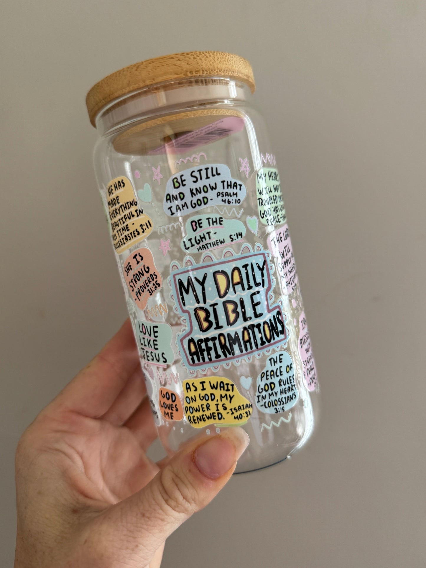 Daily Bible Affirmations 16oz Glass Tumbler Sawdust and Cedar