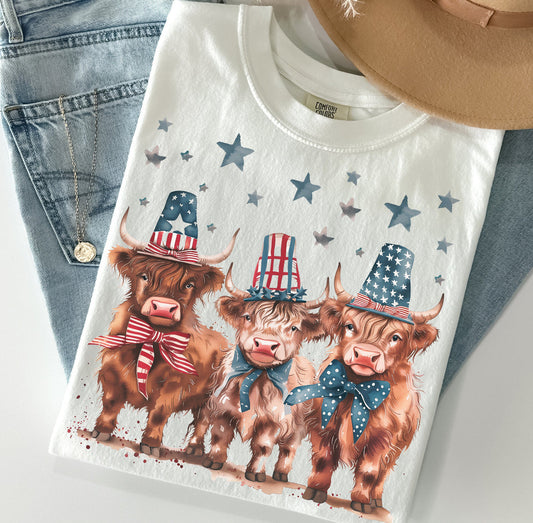 Highland Cows USA Hats Tee Patriotic T-Shirt