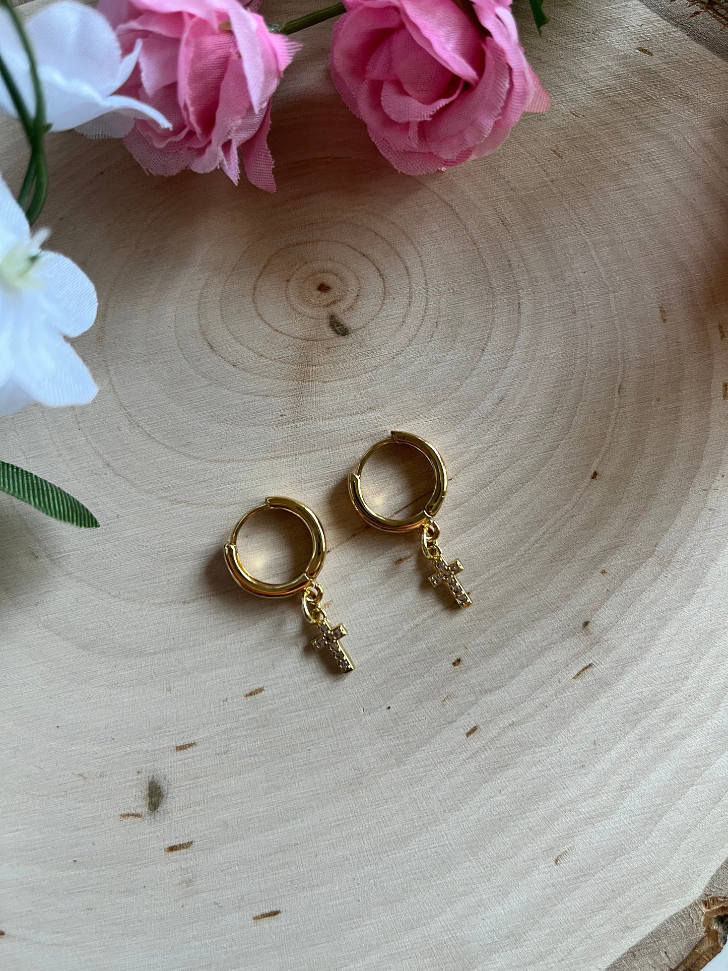 Gold Cross 18K Huggie Earrings Christian Jewelry