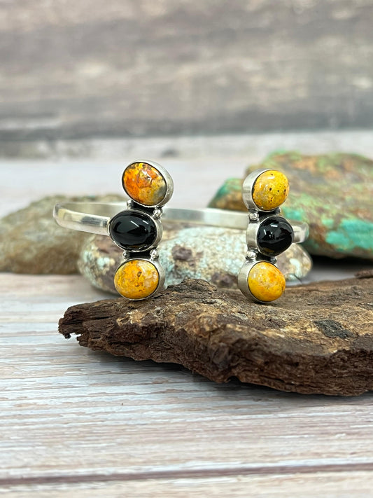 "Halloween Collection" Handmade Sterling Silver Black Onyx, Bumblebee Cuff Bracelet with Signed Nizhoni