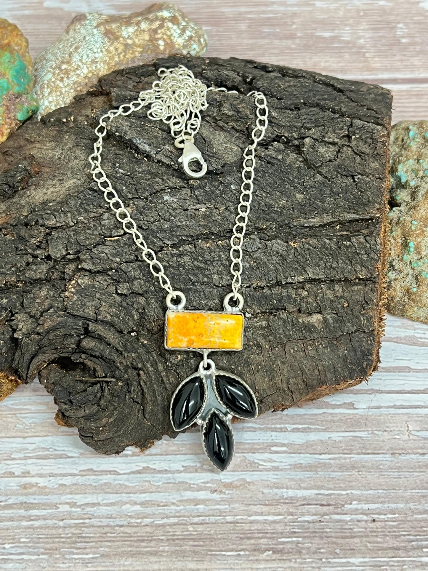 "Halloween Collection" Handmade Sterling Silver Black Onyx, Bumblebee Necklace with Signed Nizhoni
