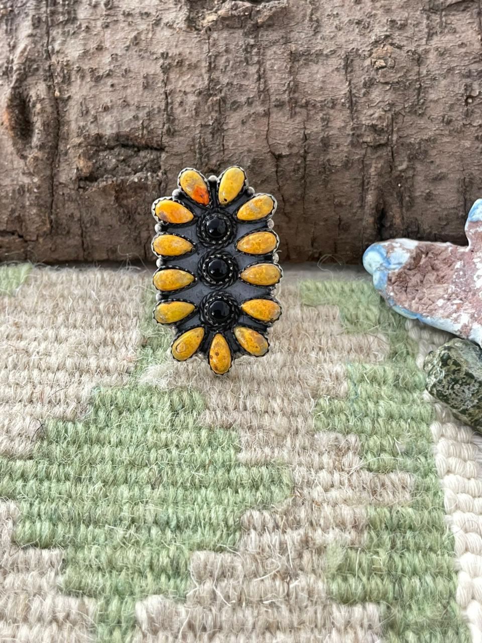 "Halloween Collection" Handmade Sterling Silver Black Onyx, Bumblebee Adjustable Ring with Signed Nizhoni