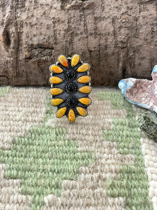 "Halloween Collection" Handmade Sterling Silver Black Onyx, Bumblebee Adjustable Ring with Signed Nizhoni