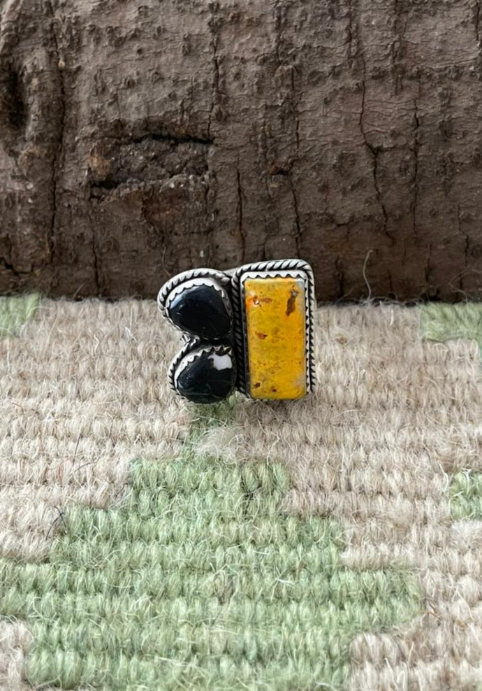 "Halloween Collection" Handmade Sterling Silver Black Onyx, Bumblebee Adjustable Ring with Signed Nizhoni