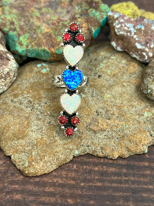 ** 4TH OF JULY ** Handmade Sterling Silver Synthetic Opal Adjustable Ring with Signed Nizhoni