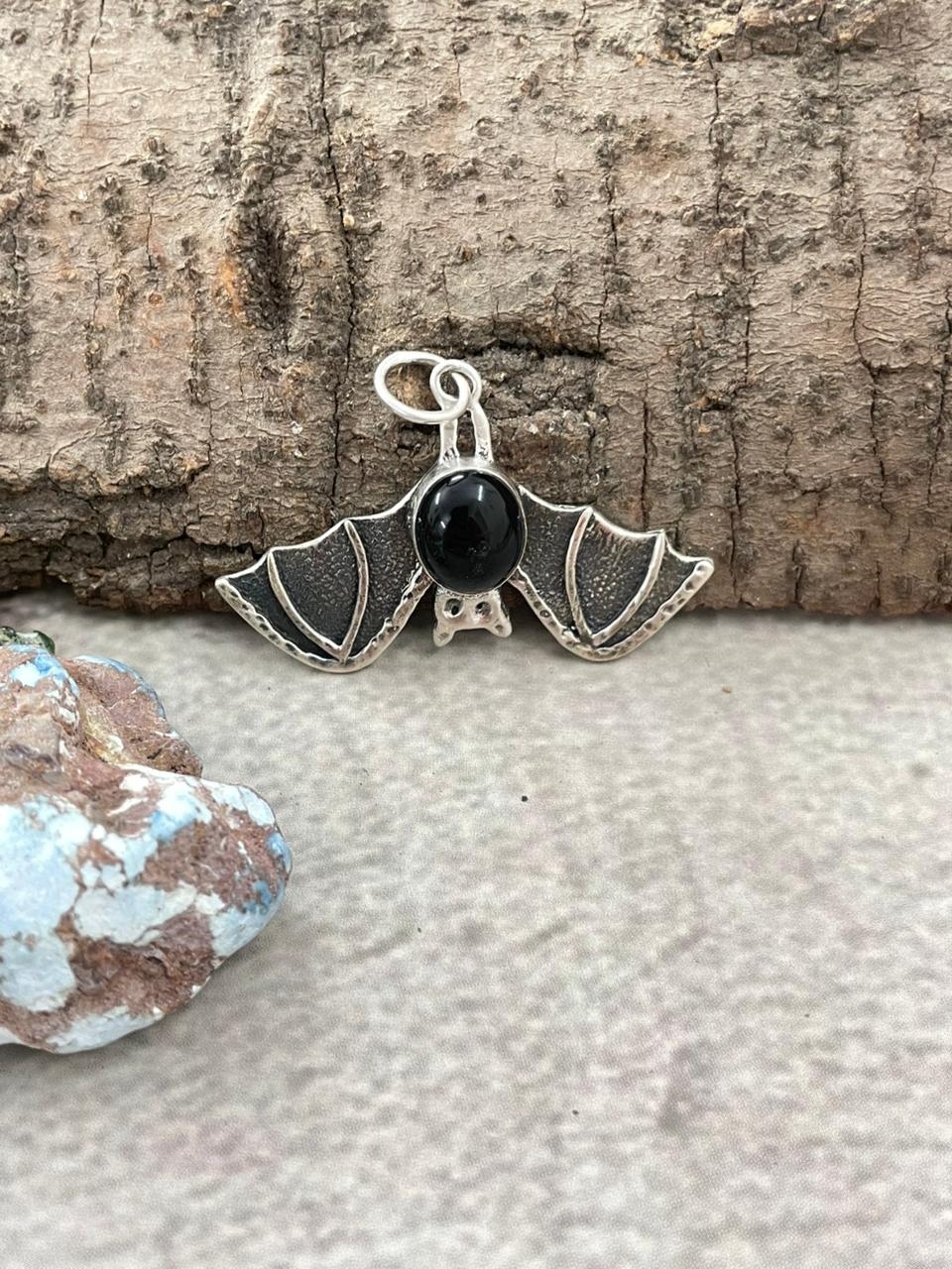 "Halloween Collection" Handmade Sterling Silver Black Onyx Bat Pendant with Signed Nizhoni