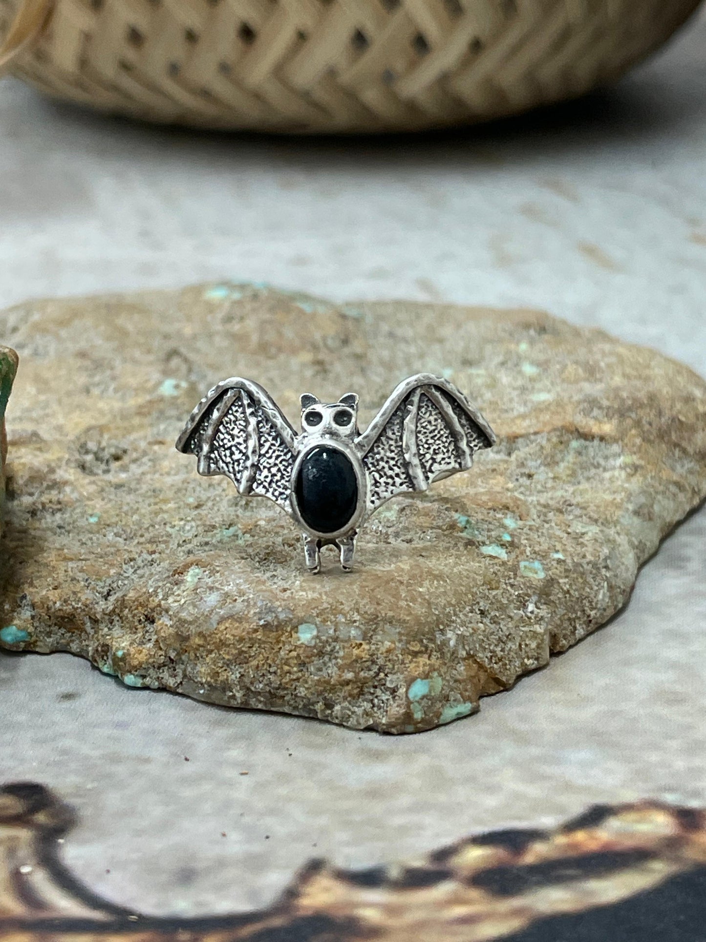 "Halloween Collection" Handmade Sterling Silver Black Onyx Bat Ring with Signed Nizhoni