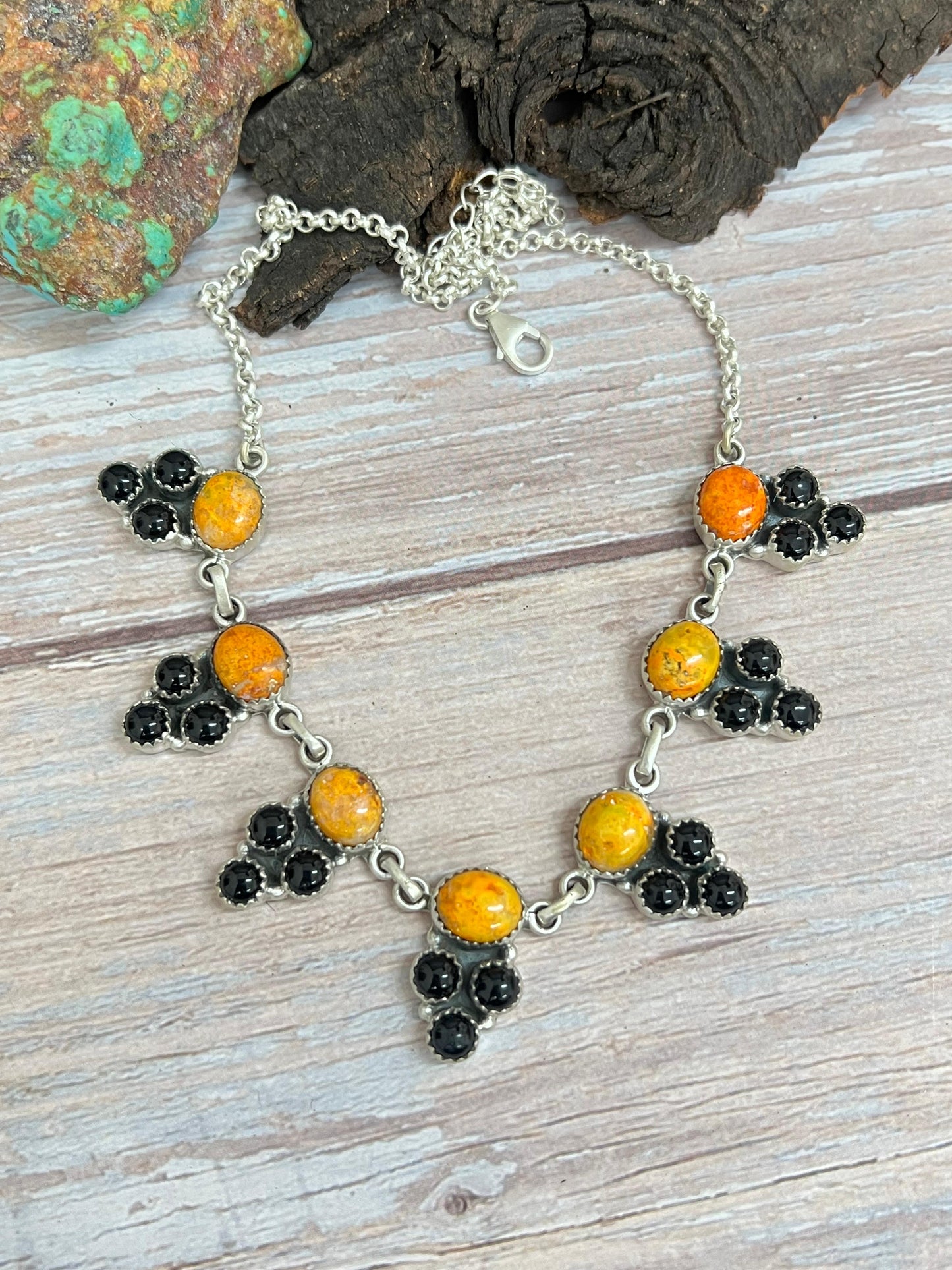 "Halloween Collection" Handmade Sterling Silver Black Onyx, Bumblebee Necklace with Signed Nizhoni